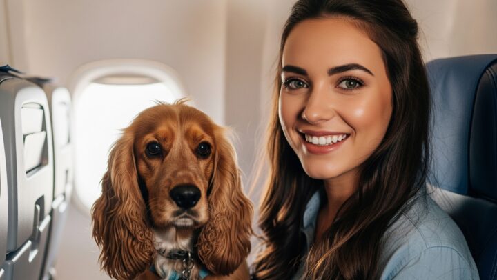 cocker spaniel in cabina di aereo di linea