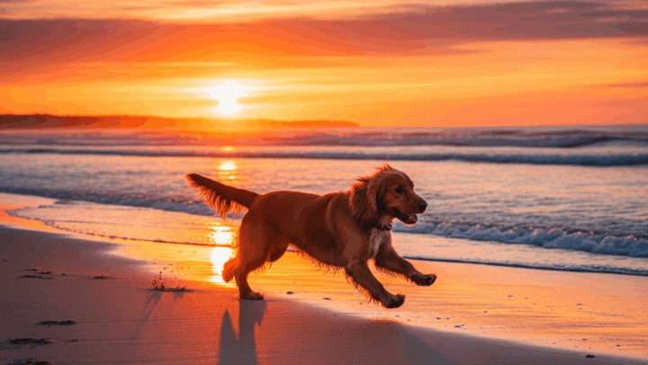 cocker spaniel che corre sulla spiaggia al tramonto